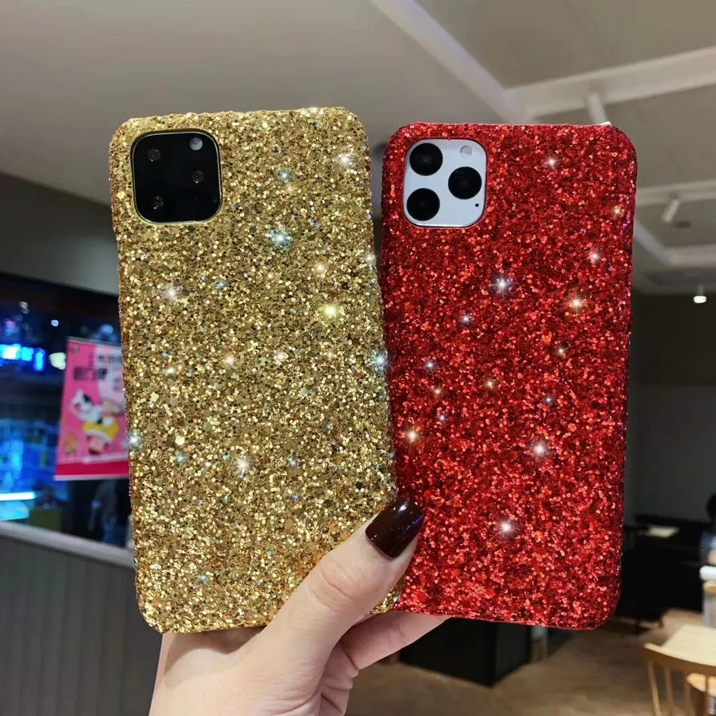 Glitter sequin PC phone case for iPhone models with raised camera frame in black colour option