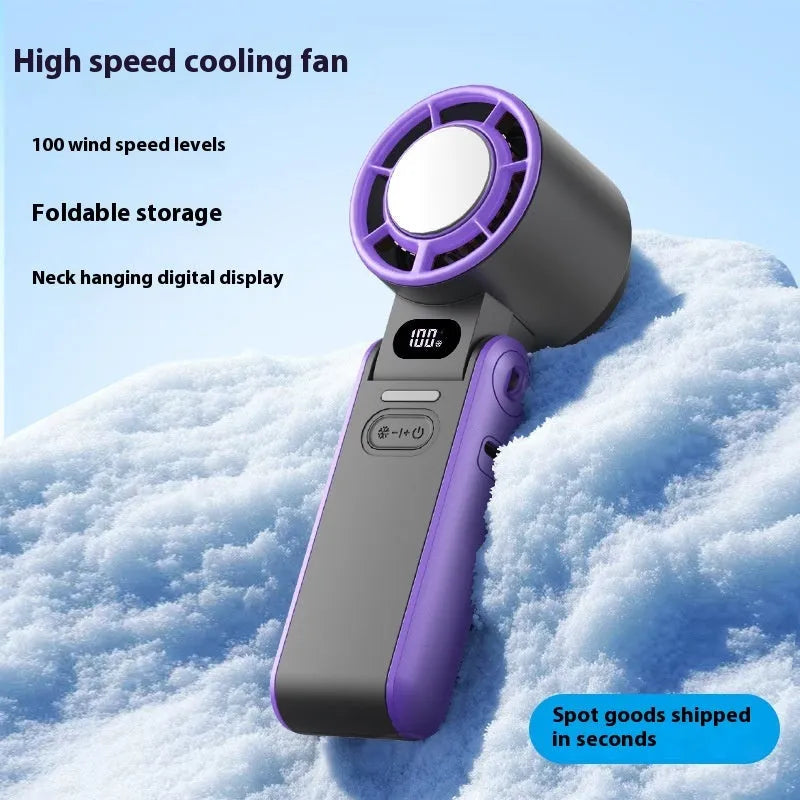 Small handheld fan with ice compress function, no blades, USB powered, compact foldable design in white.