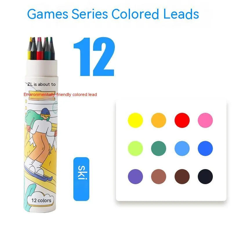 Zhenglin Sports colouring pencils in sets of 12, 24, and 36 colours with paper barrels.