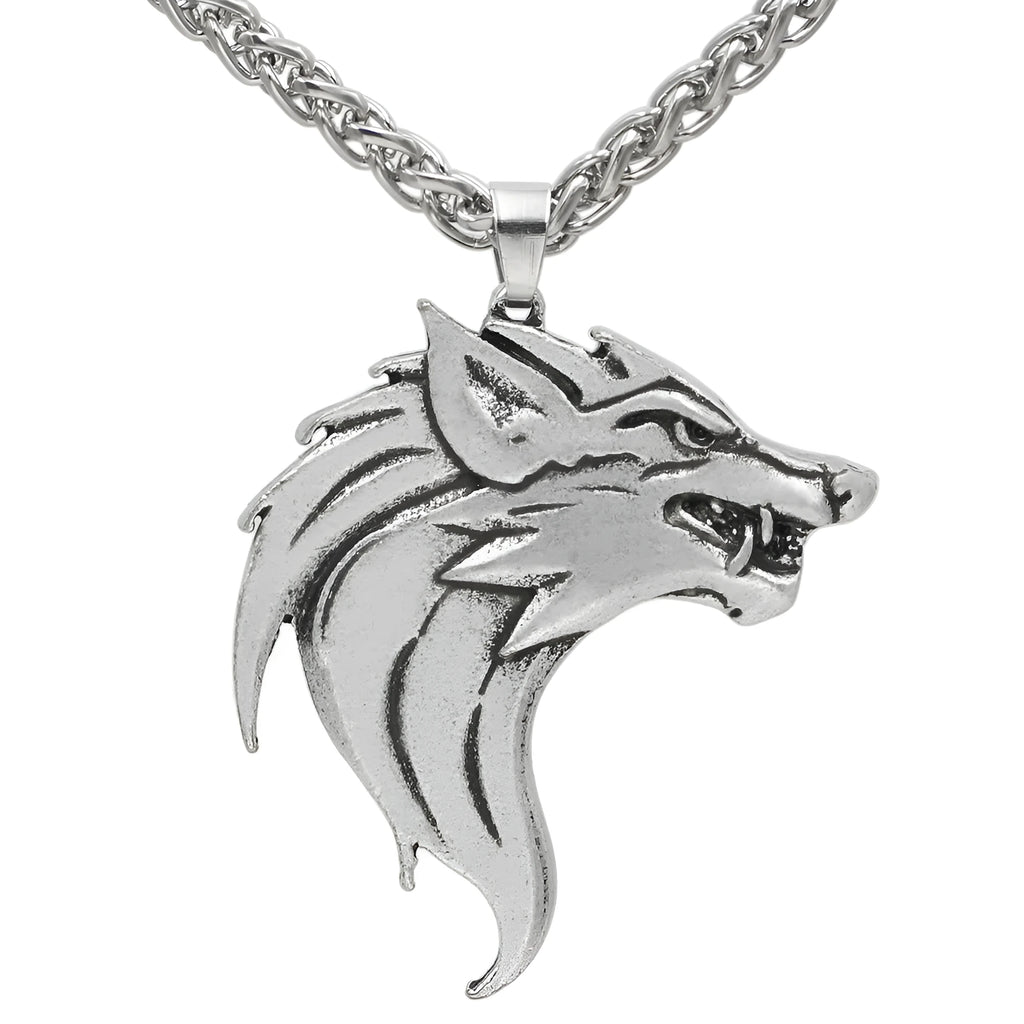 Men's wolf head pendant necklace in ancient silver or ancient bronze on a 58cm BS chain, Viking-style amulet.