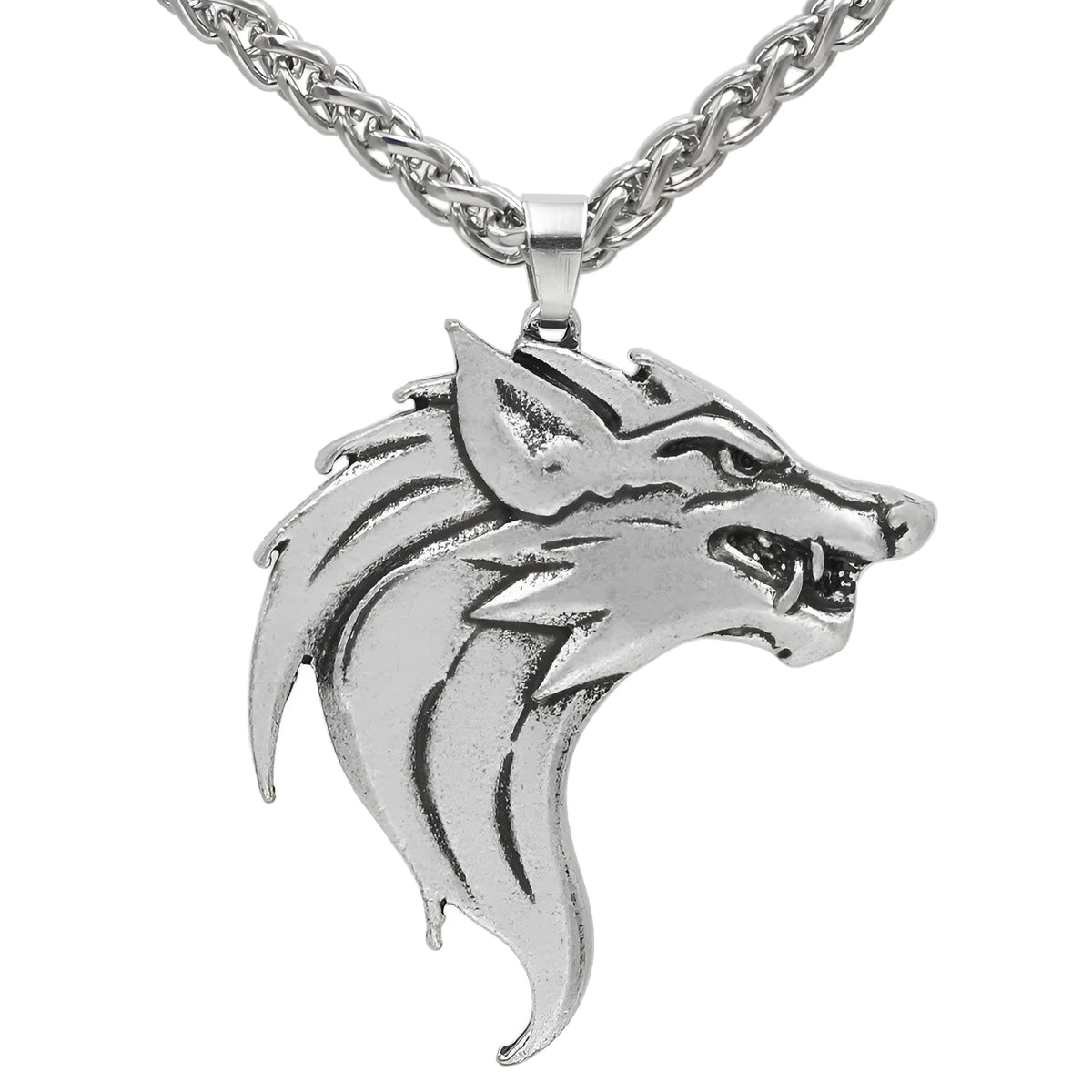Men's wolf head pendant necklace in ancient silver or ancient bronze on a 58cm BS chain, Viking-style amulet.