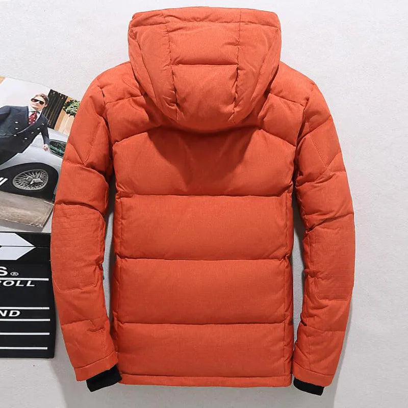 Men's down jacket in polyester fibre, Asian sizes M to 3XL, shown in black, blue, green, grey and orange red