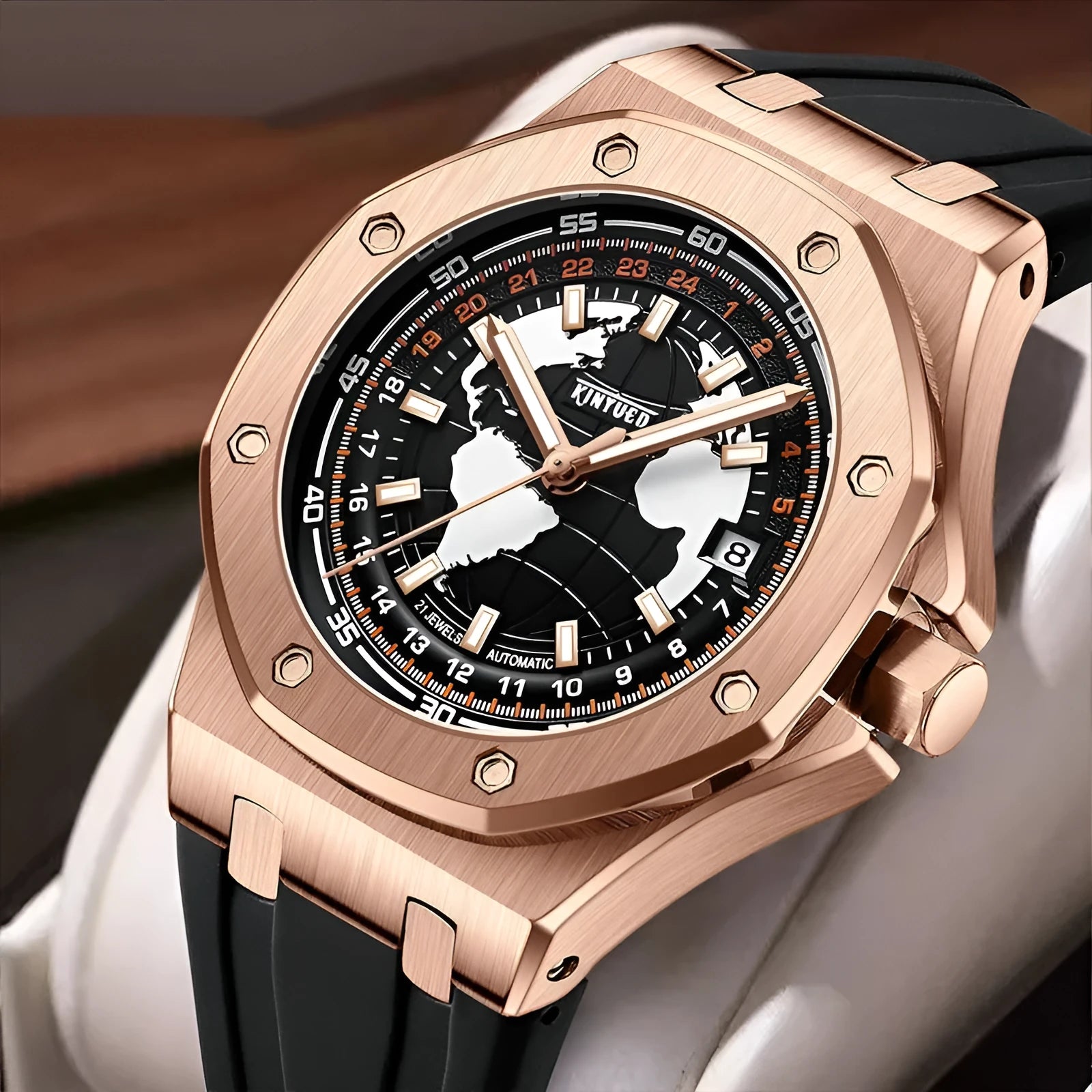 Automatic men's hollow mechanical watch with round alloy case, stainless steel strap, and mineral glass face on white background