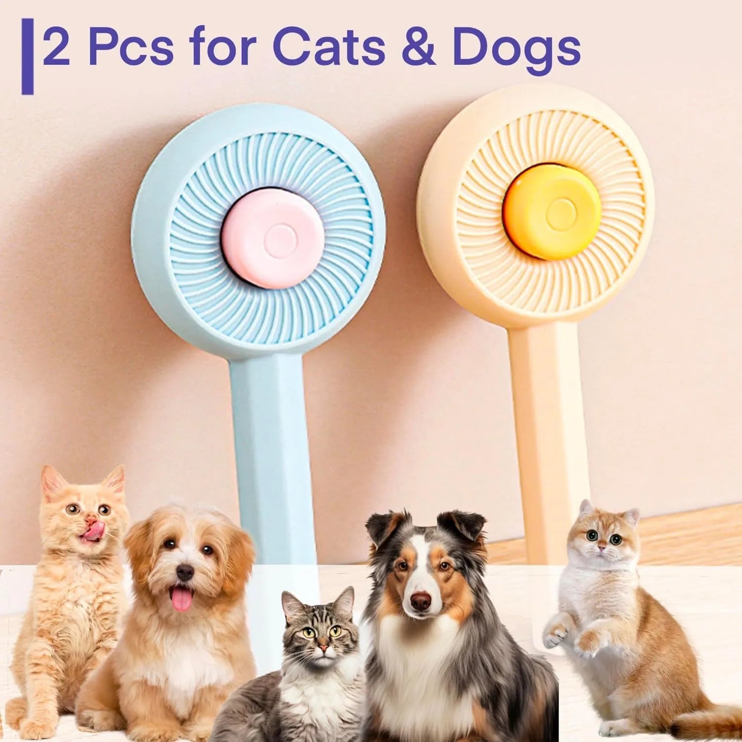 Blue self-cleaning pet grooming brush with angled metal needles and massage particles