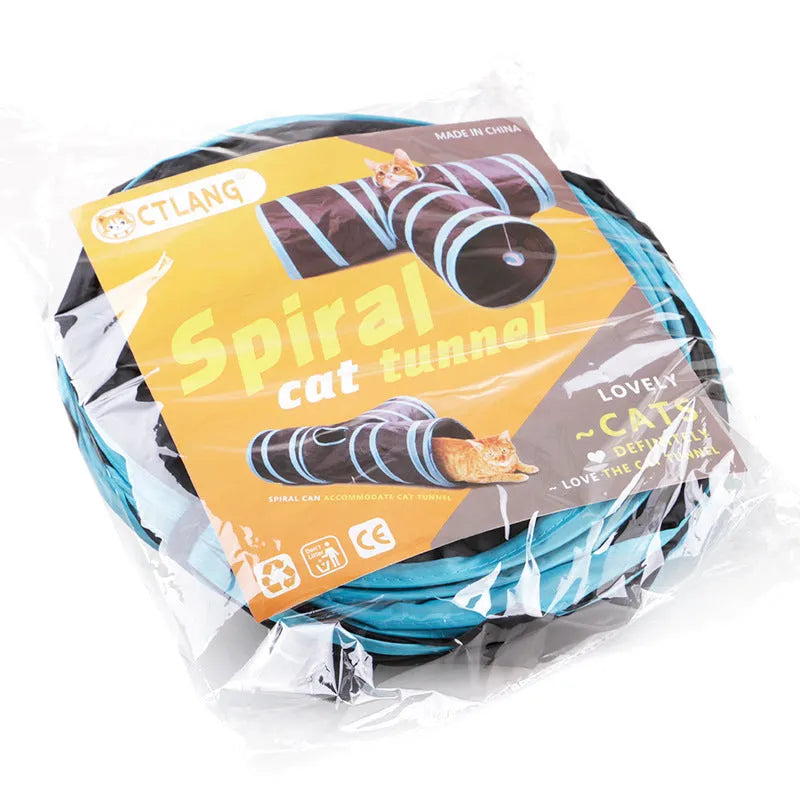 Foldable multi-channel pet tunnel in blue or pink for small pets, polyester and steel wire, indoor use