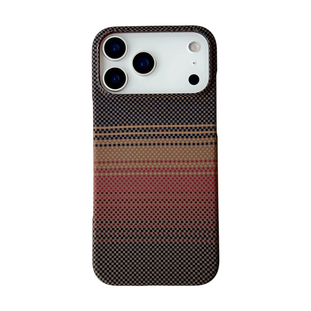 PC magnetic half-pack phone case for iPhone 17 Pro Max with plaid gradient design in Sunset Gold, on a flat surface