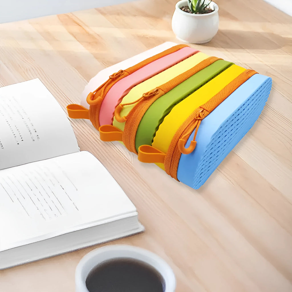 Long hand silicone glasses case in rose red light purple colour, shown with a carrying loop.