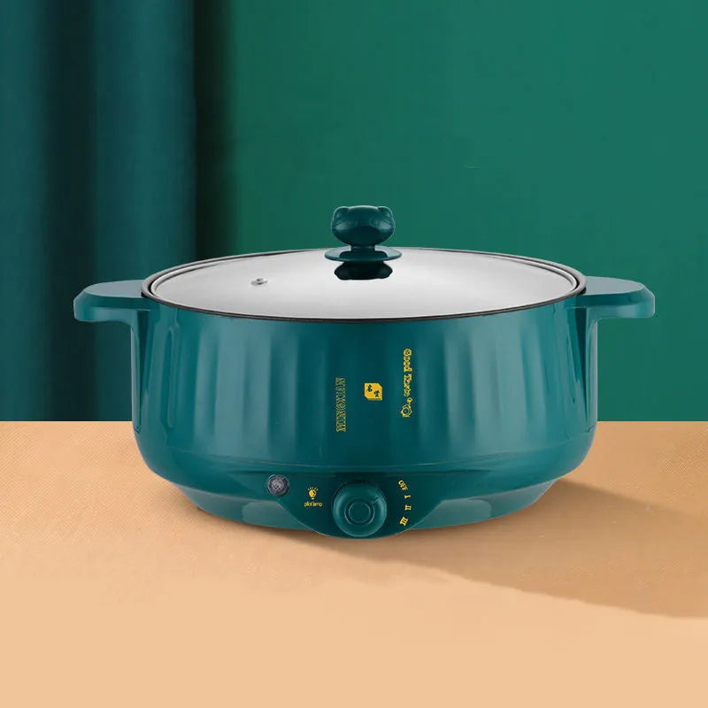 Electric hot pot with non-stick interior and stainless steel body in green or white colour options