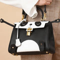 Panda animal print cow leather handbag in a square shape, shown in two size options.