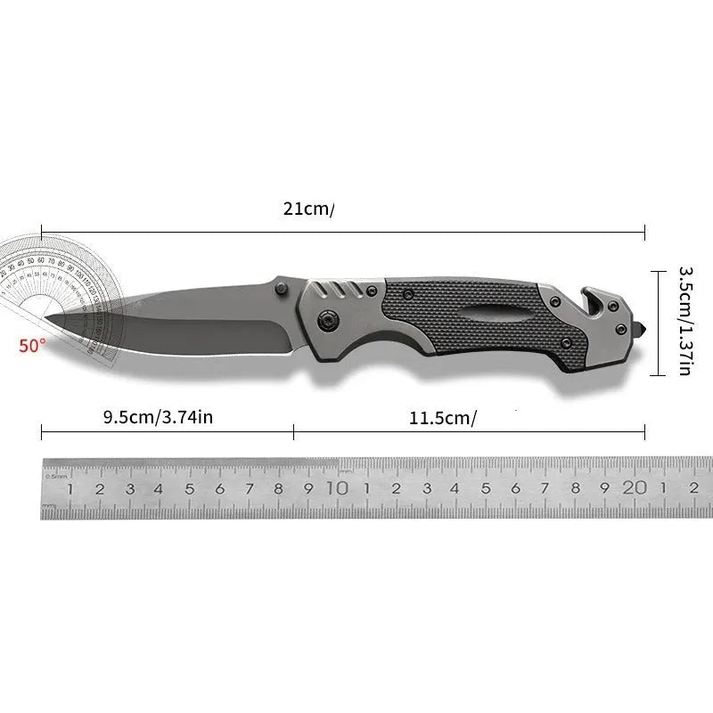 Alloy folding pocket knife with a choice of smooth or textured blade, shown open with a 115mm handle.