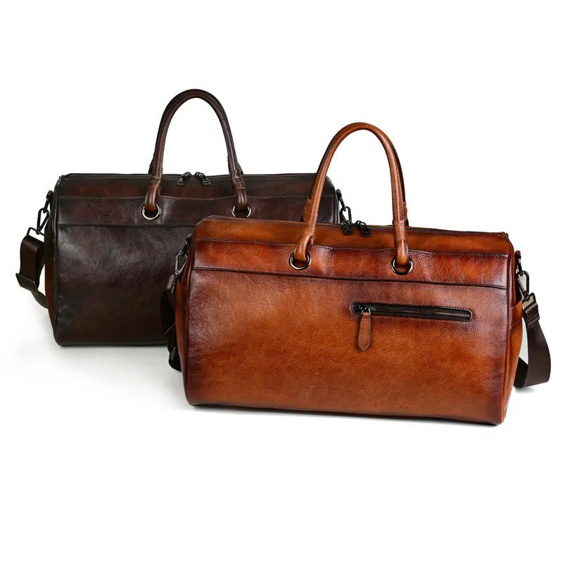 Handmade retro style leather bag in vintage brown colour showing first layer cowhide texture and large capacity design