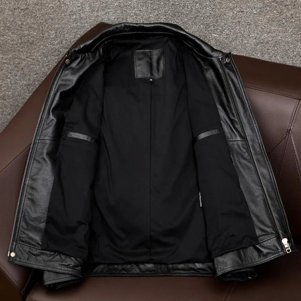 Men's black lapel collar leather jacket showing side seam pockets and loose plus size fit