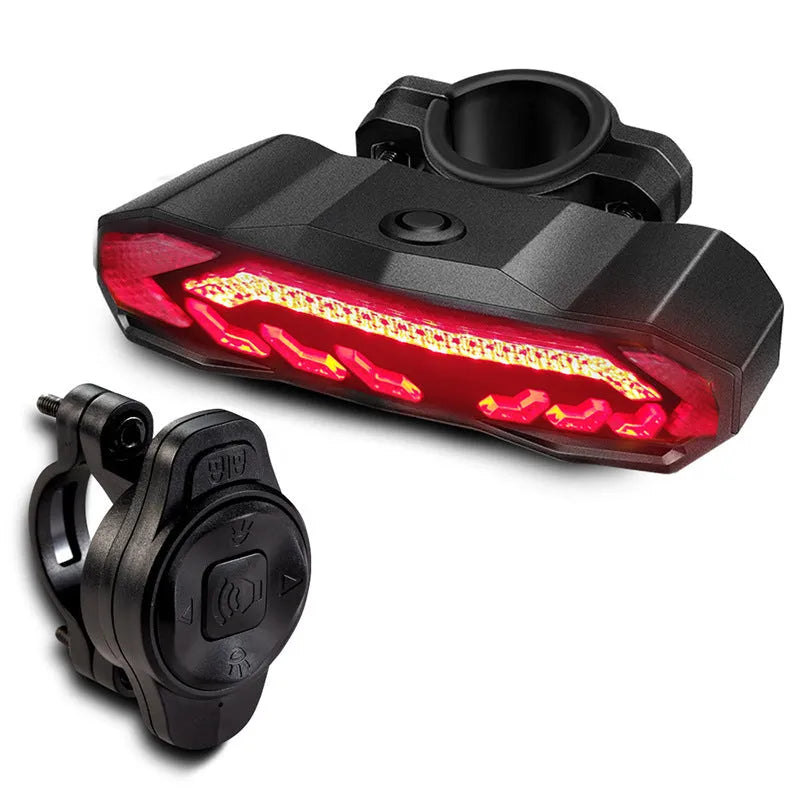 USB rechargeable bike brake taillight with LED light, remote control, and waterproof casing for mountain bicycle safety