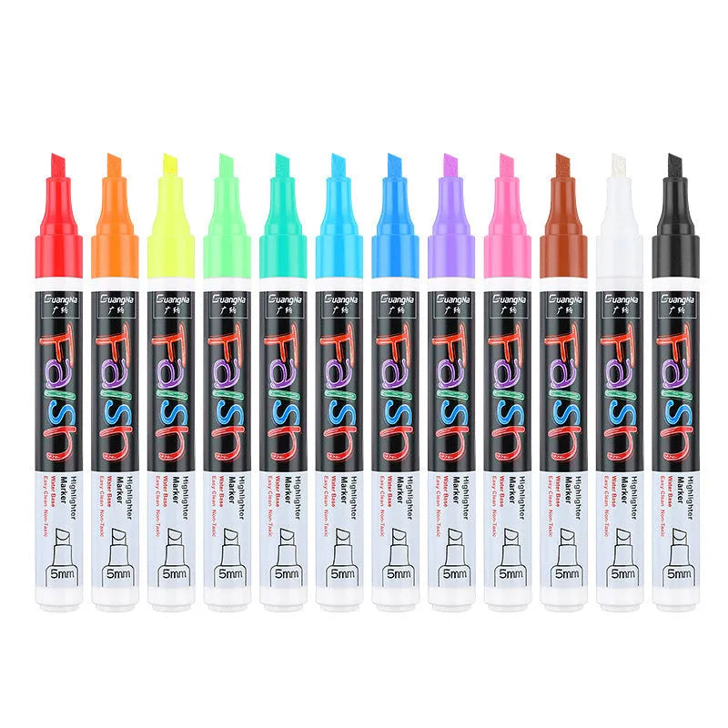 Electronic fluorescent plate highlighter pen with 6mm tip, plastic oblique body, shown with multi-colour refill set.