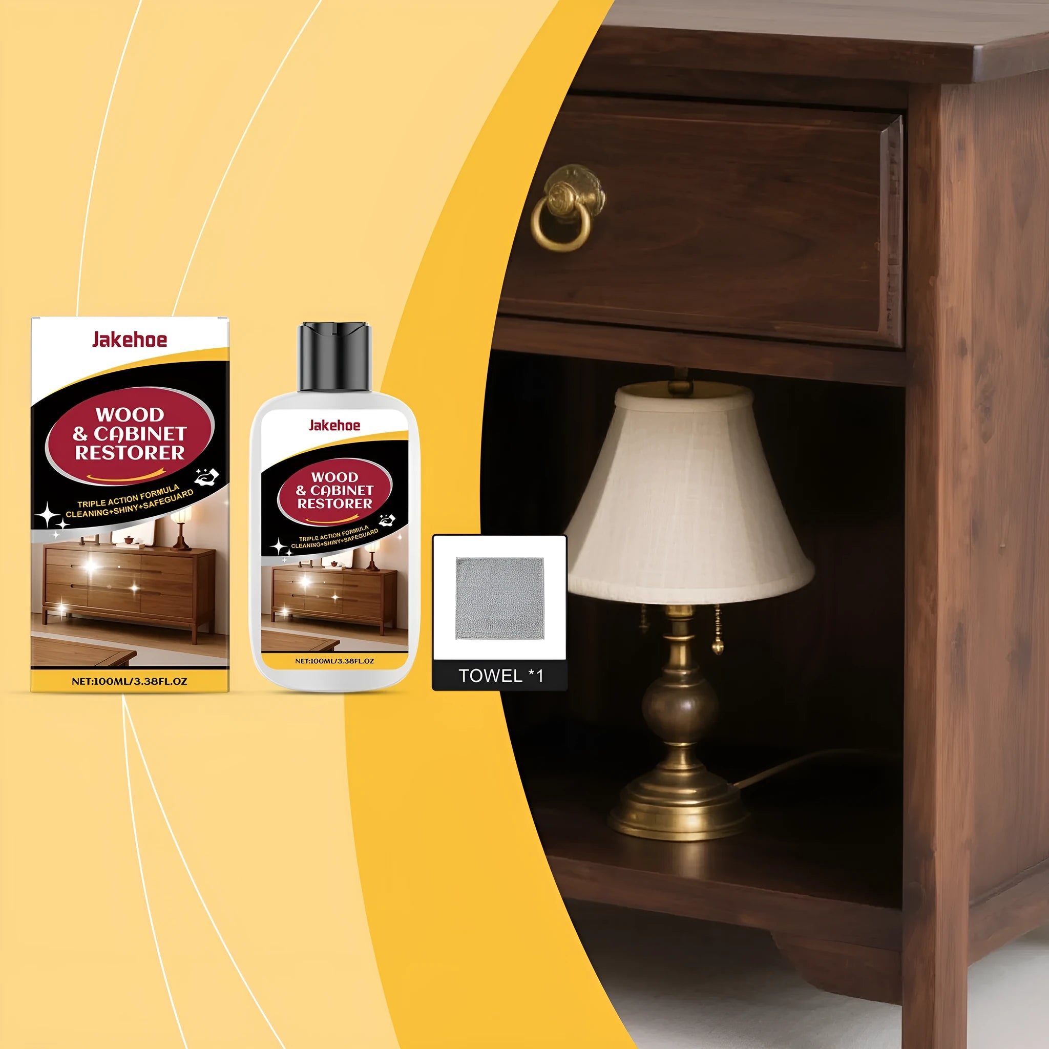 Wooden furniture scratch care kit with 100ml bottle and microfiber towel for cleaning and polishing