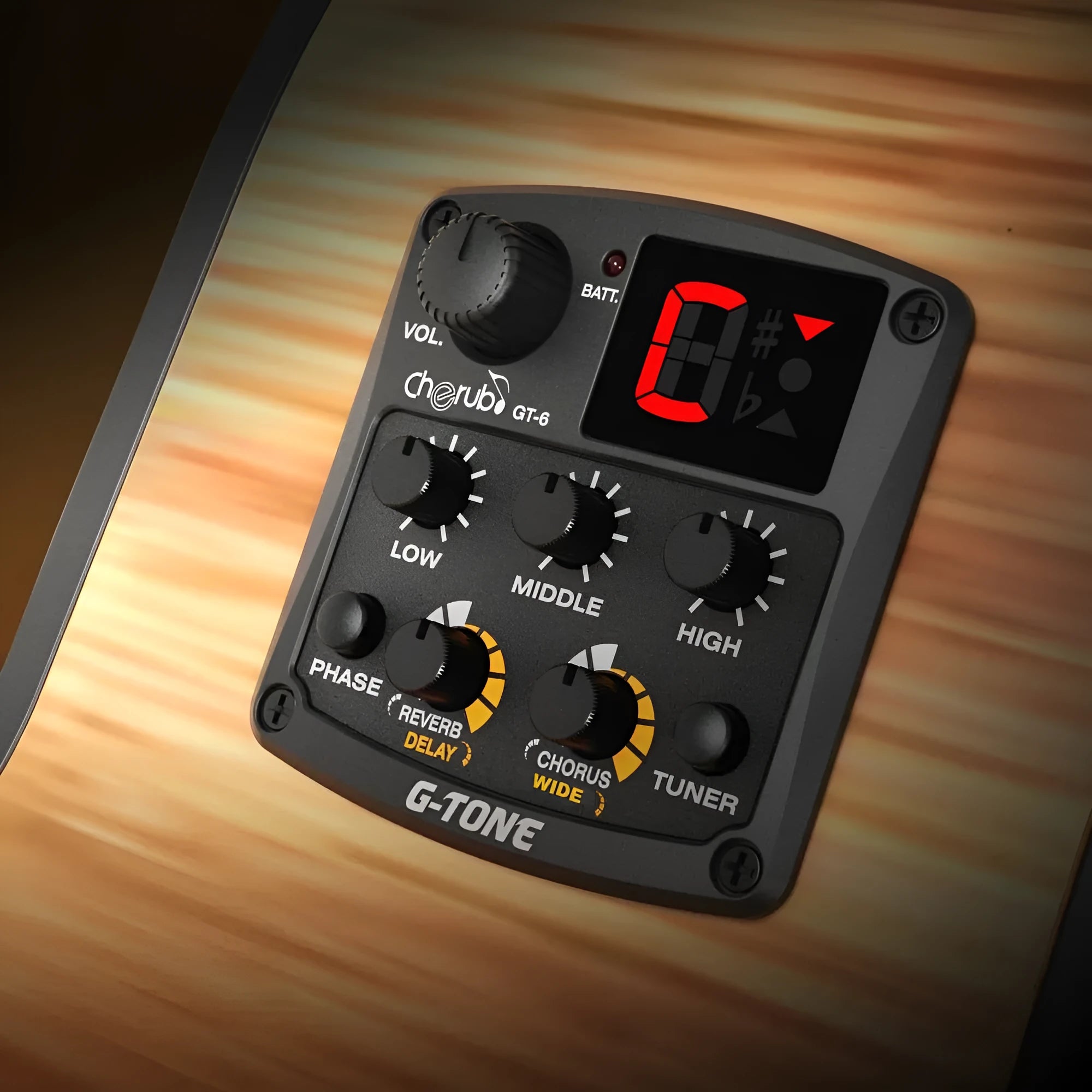 Cherub GT-6 black acoustic guitar EQ pickup unit with control knobs for volume, EQ and effects.