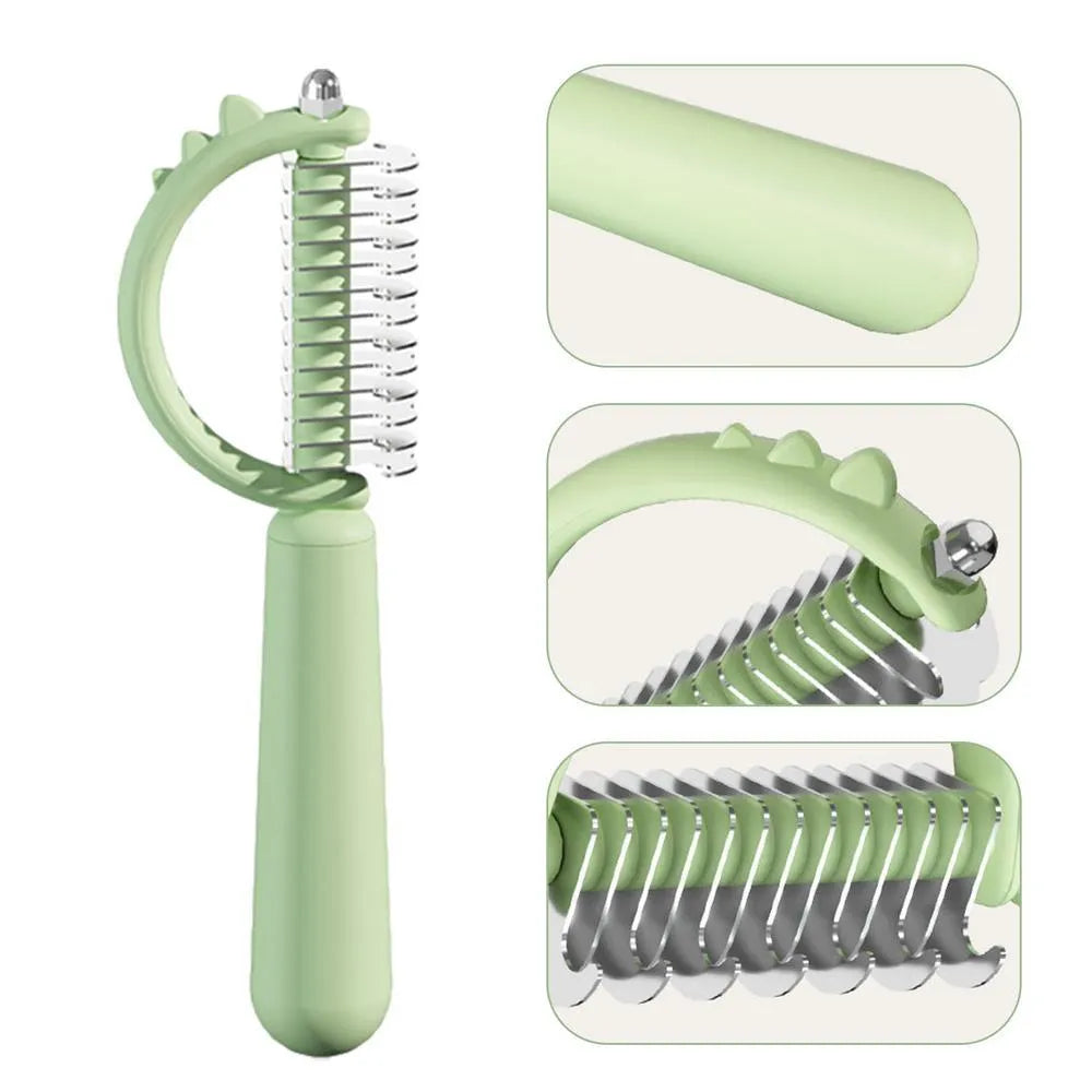 Blue dinosaur-shaped self-cleaning cat brush with double-sided stainless steel pins.