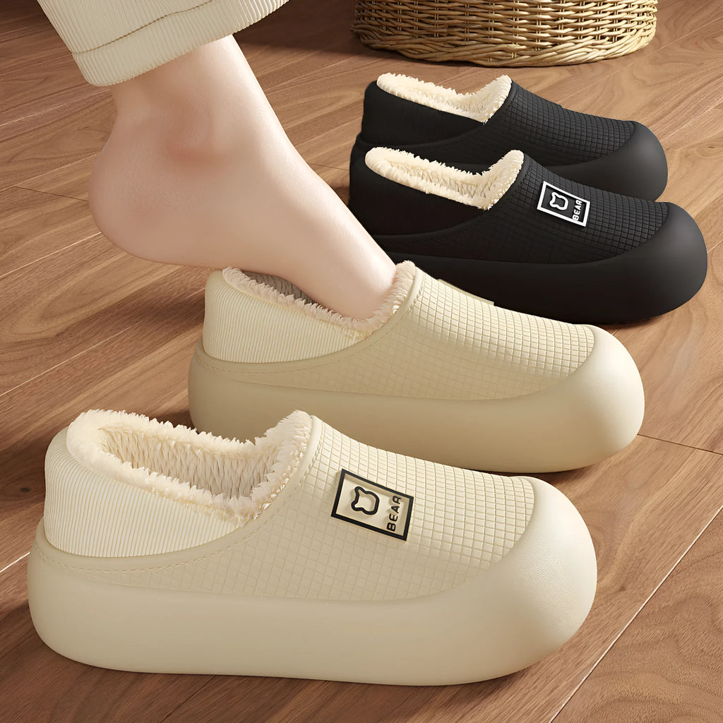 Indoor waterproof warm cotton slippers for women, light coffee colour, EVA upper, thickened design, cartoon pattern