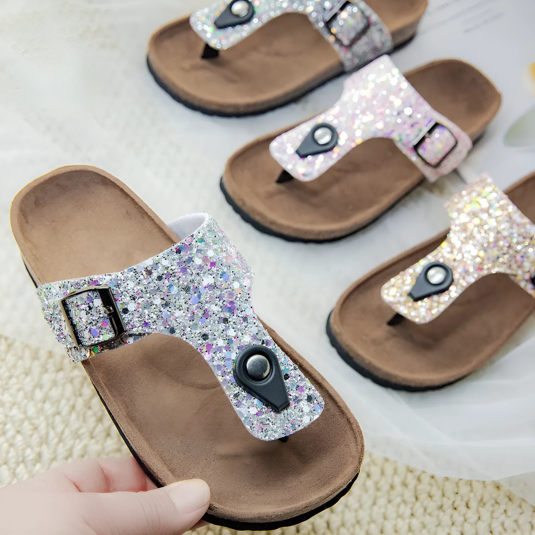 Cork beach flip-flops with frosted finish artificial leather uppers and PVC soles in pink colour