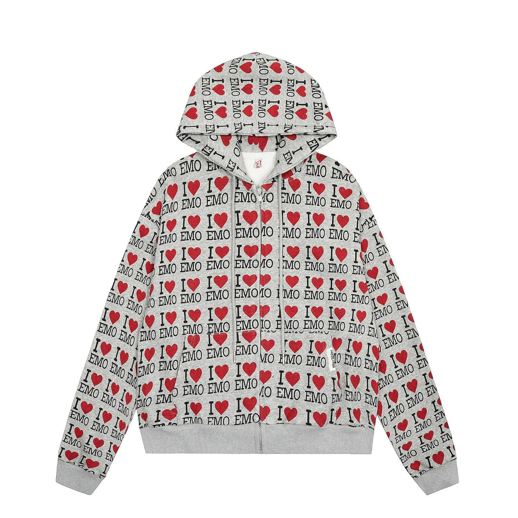 Women's melange grey hooded cardigan with retro pattern, long sleeves, cotton fabric