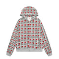 Women's melange grey hooded cardigan with retro pattern, long sleeves, cotton fabric