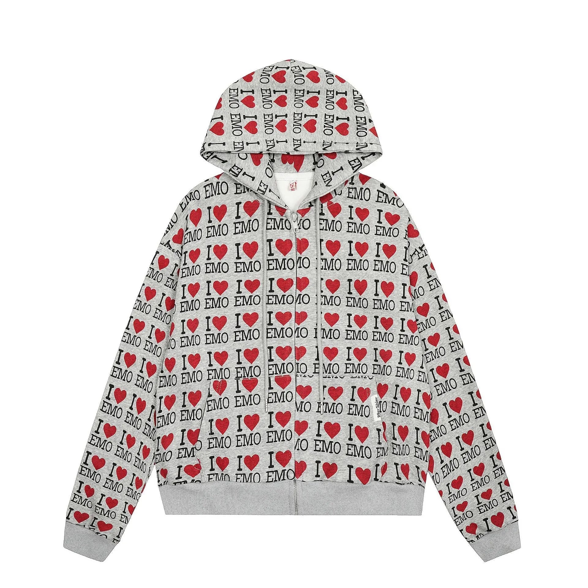 Women's melange grey hooded cardigan with retro pattern, long sleeves, cotton fabric