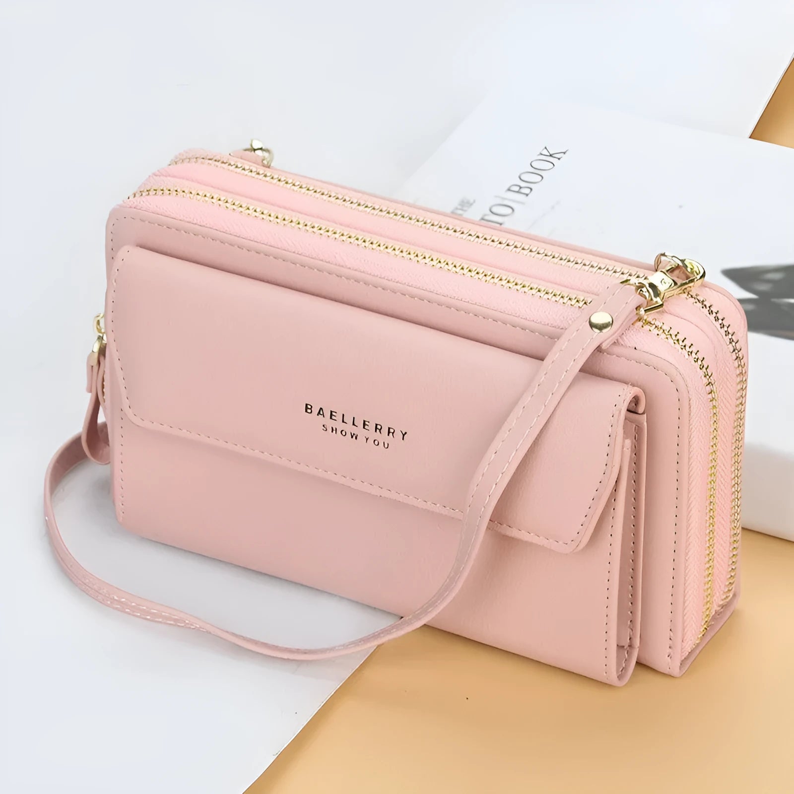 Soft PU leather ladies long wallet with zipper buckle in a horizontal square diagonal bag shape.