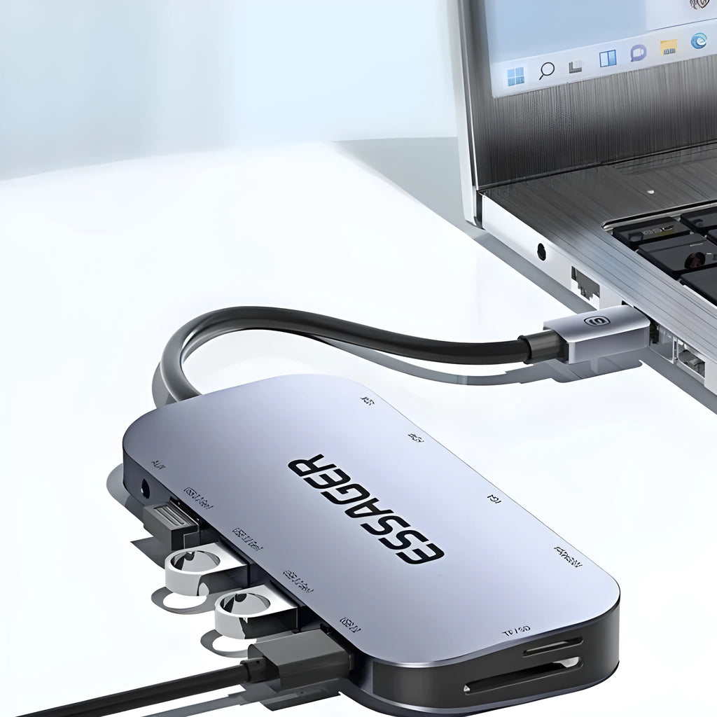 11-in-1 USB-C expansion hub with Gigabit Ethernet port and integrated cable separator.
