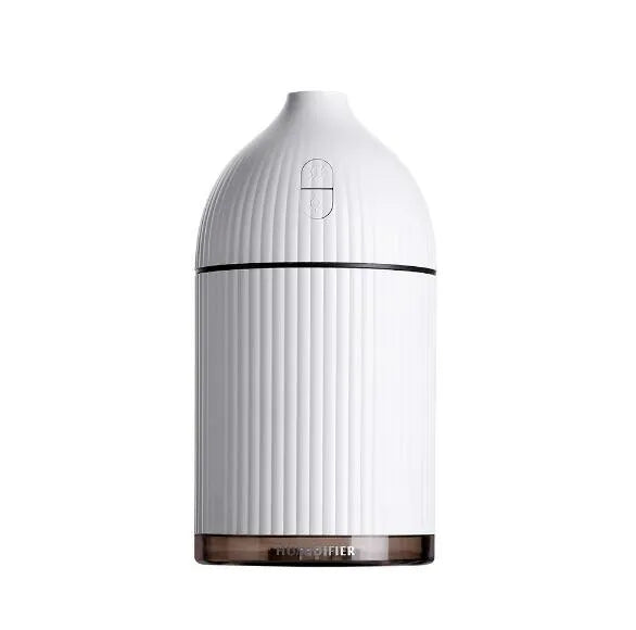 White ultrasonic aromatherapy diffuser and humidifier with LED light, 300ml capacity, and USB cable