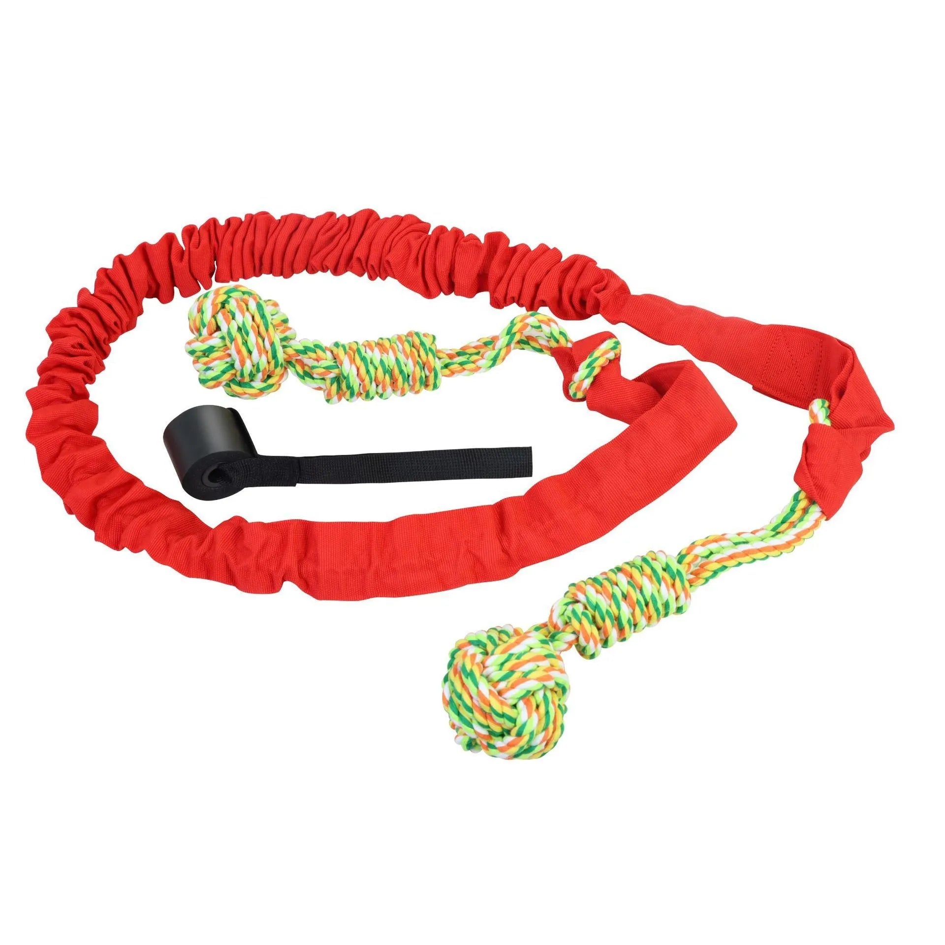 Cotton thread dog tug of war rope toy in choice of black, grey, or red colours.