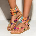 Women's ethnic beaded petal Roman sandals with floral decoration and round toe