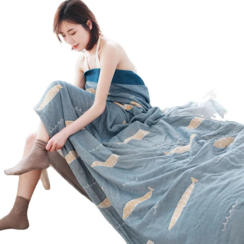 Five-layer gauze cotton bed sheet blanket in Roulette Wheel Blue pattern showing modern simplicity design