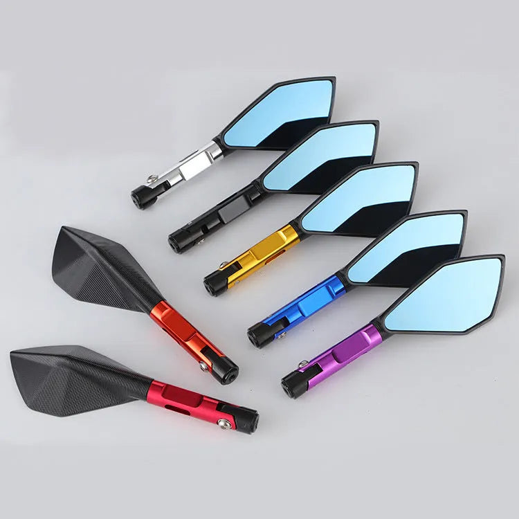 Pair of CNC aluminium motorcycle rearview mirrors with 180mm reflector, anodised finish, and universal thread adaptors