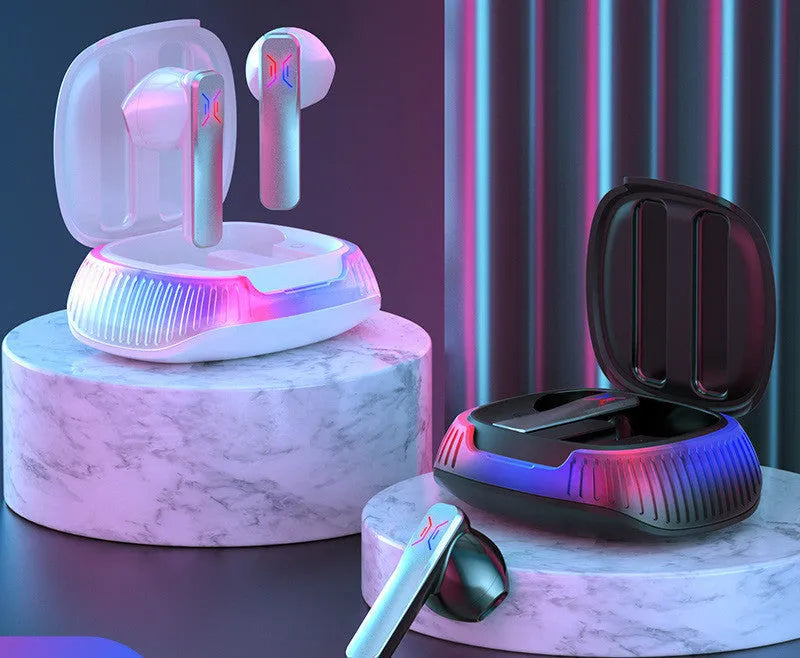 Hall Flashing wireless gaming headset in black or white with earplug design and Type-C charging cable