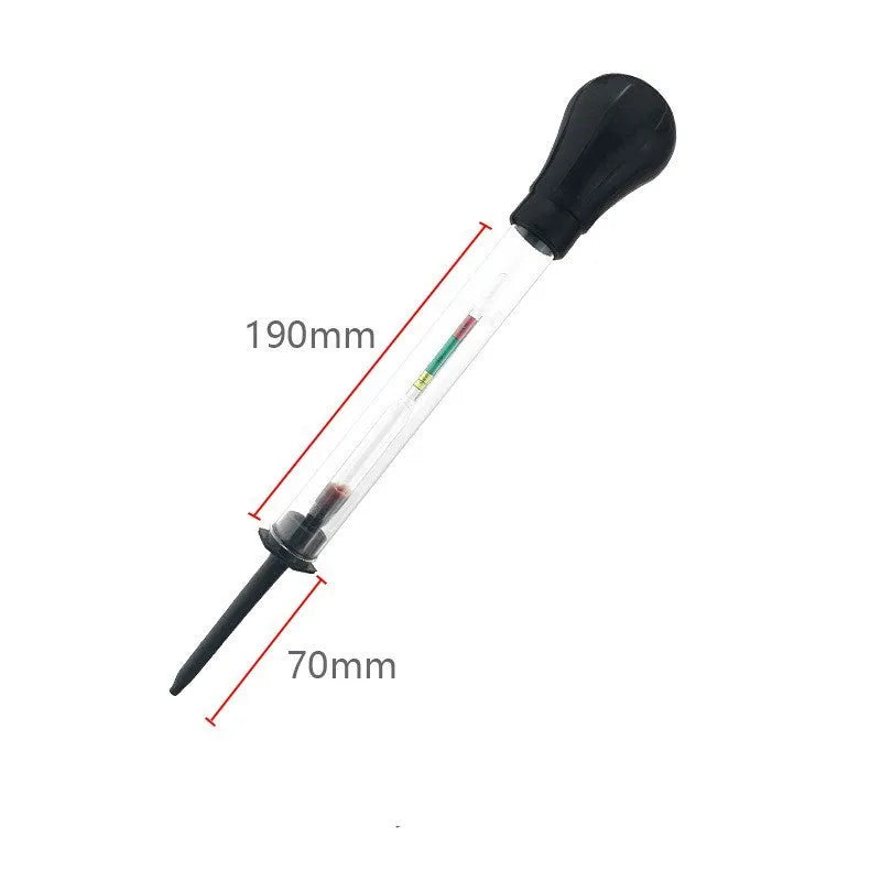 Electrohydraulic hydrometer battery tester with glass tube and suction bulb for automotive electrolyte density testing