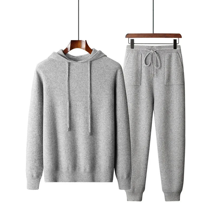 Men's dark gray cashmere hooded sweatshirt and matching trousers set for winter leisurewear