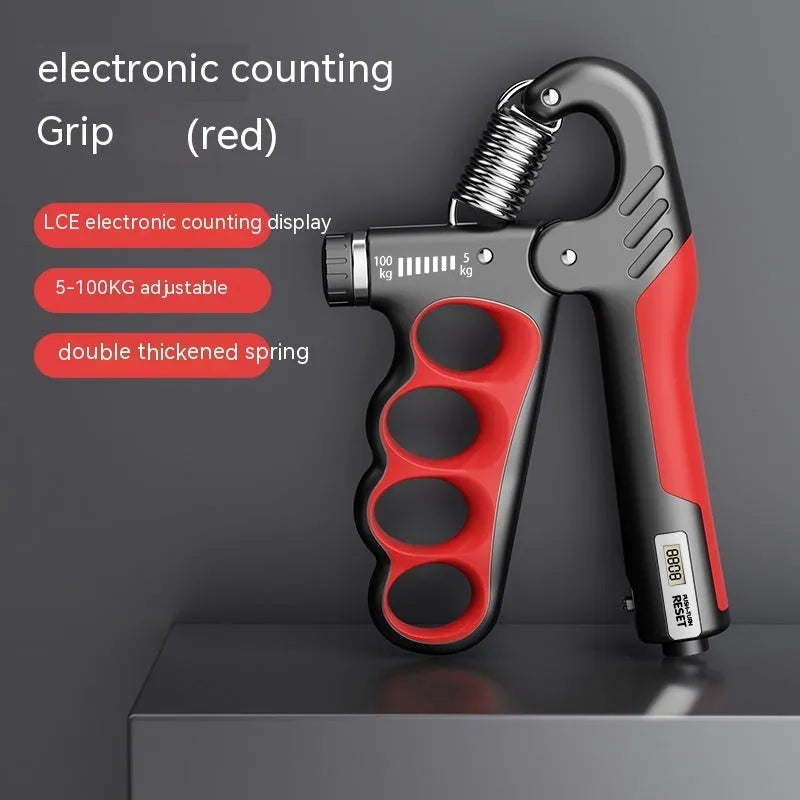 Adjustable electronic count spring grip hand exerciser in orange, red, or grey colour.