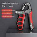 Adjustable electronic count spring grip hand exerciser in orange, red, or grey colour.