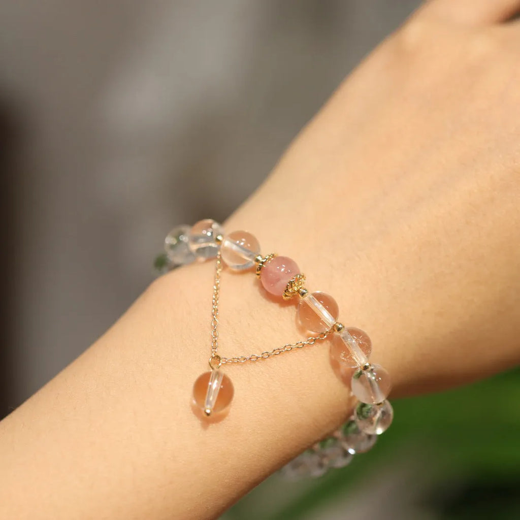 White crystal bracelet in 8mm and 10mm bead options with geometric Chinese style and auspicious patterns