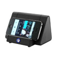 Black and white wireless Bluetooth mini speaker with rechargeable battery and playback controls