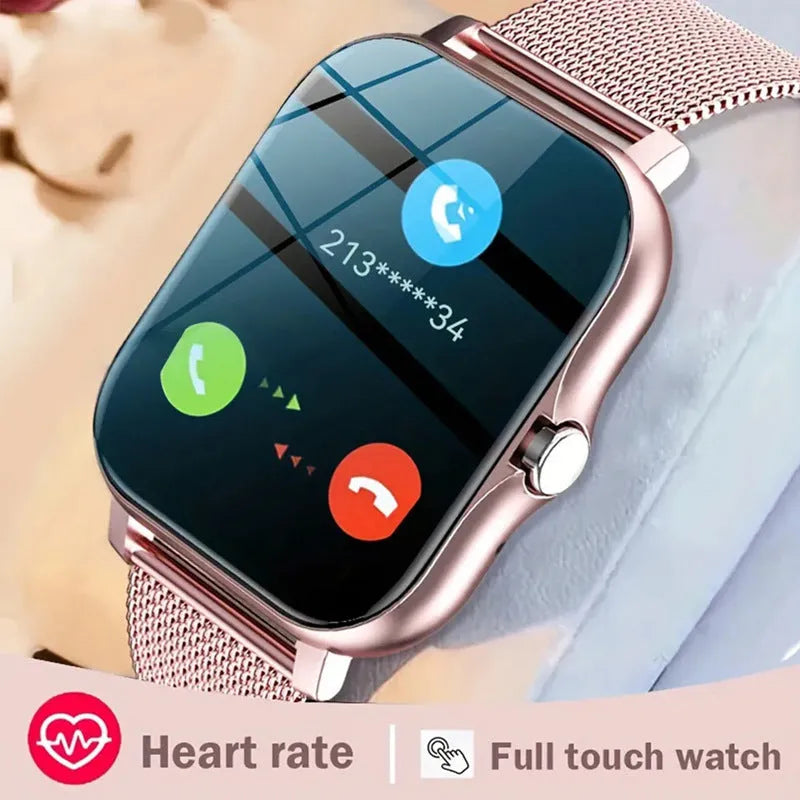 Smart watch with 1.44-inch screen showing heart rate monitoring display on silicone strap