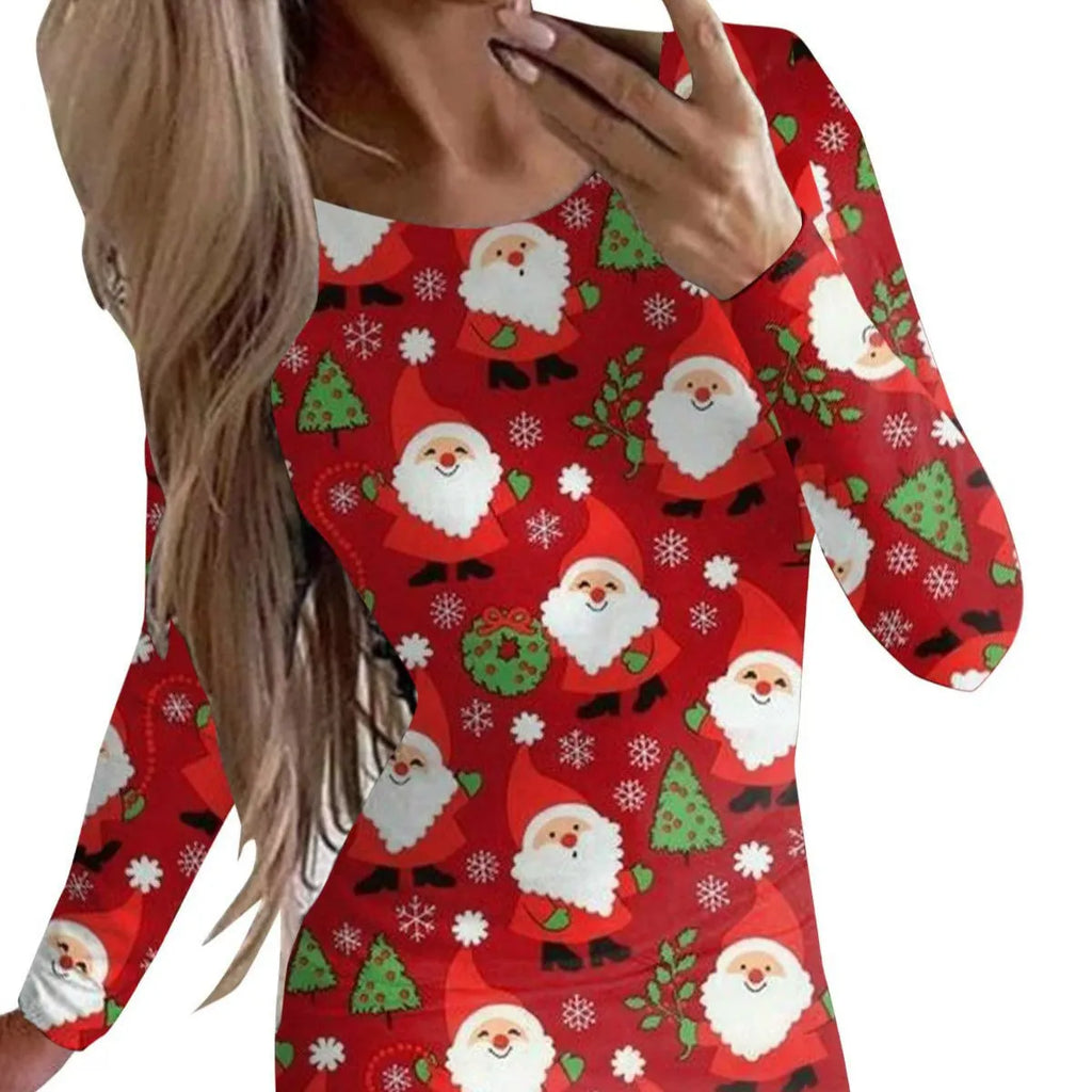Christmas printed animal pattern dress with round neck and long sleeves in floral colour variation