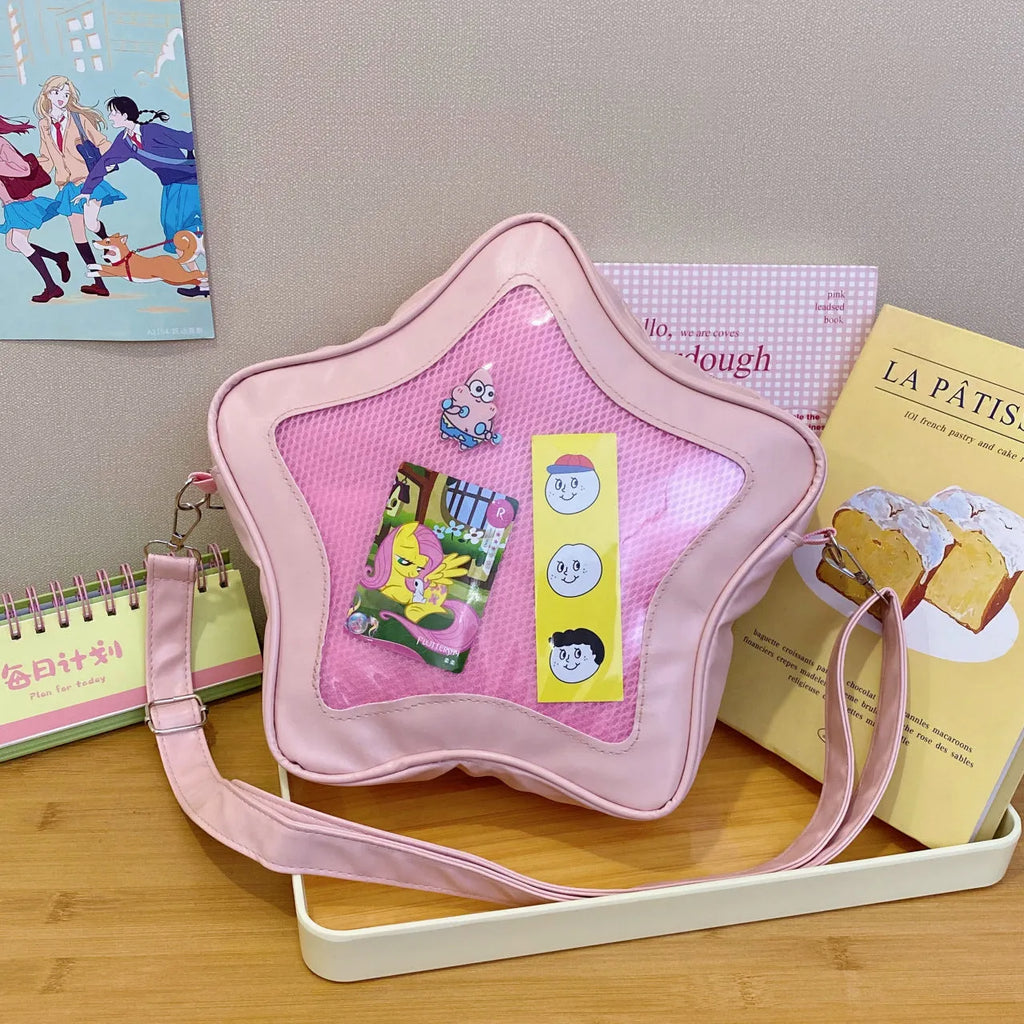 Large capacity nylon shoulder bag with transparent sandwich pocket and contrast colour detailing in fresh sweet style