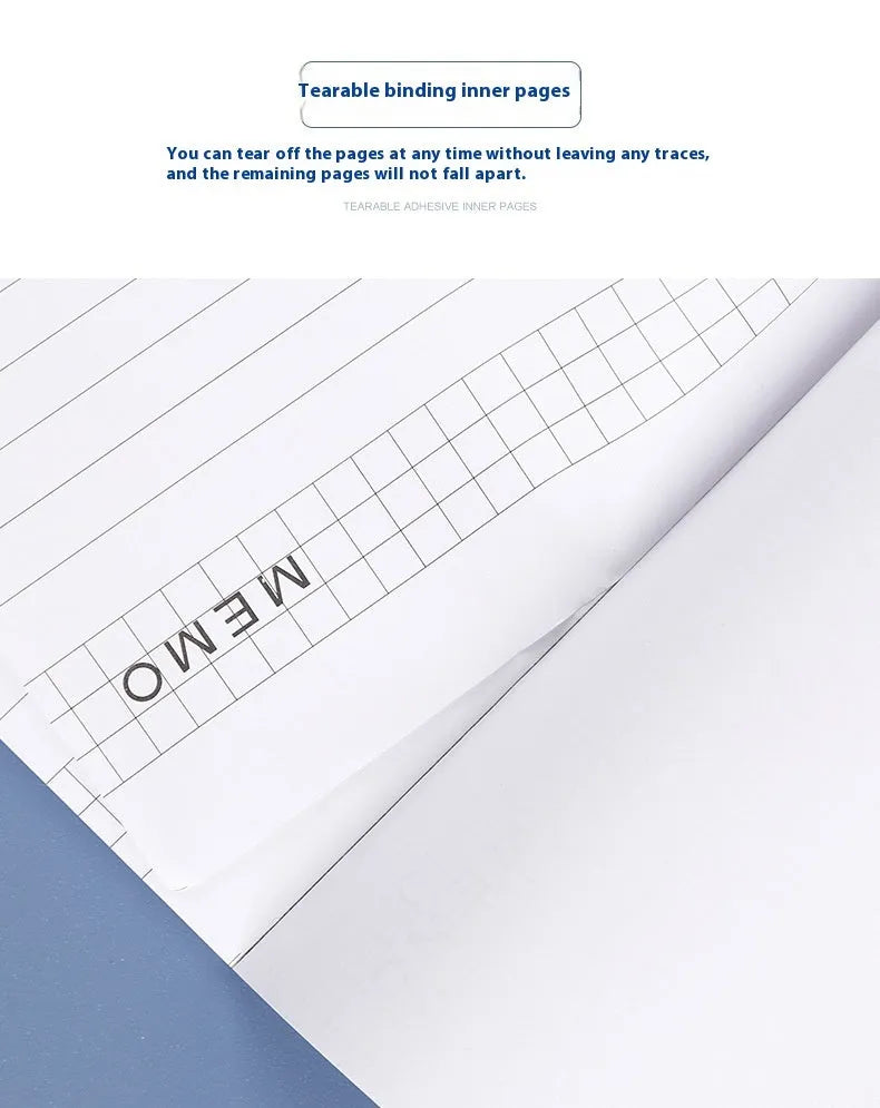 A4 tearable notebook with wireless adhesive binding and grid pattern paper for meeting minutes