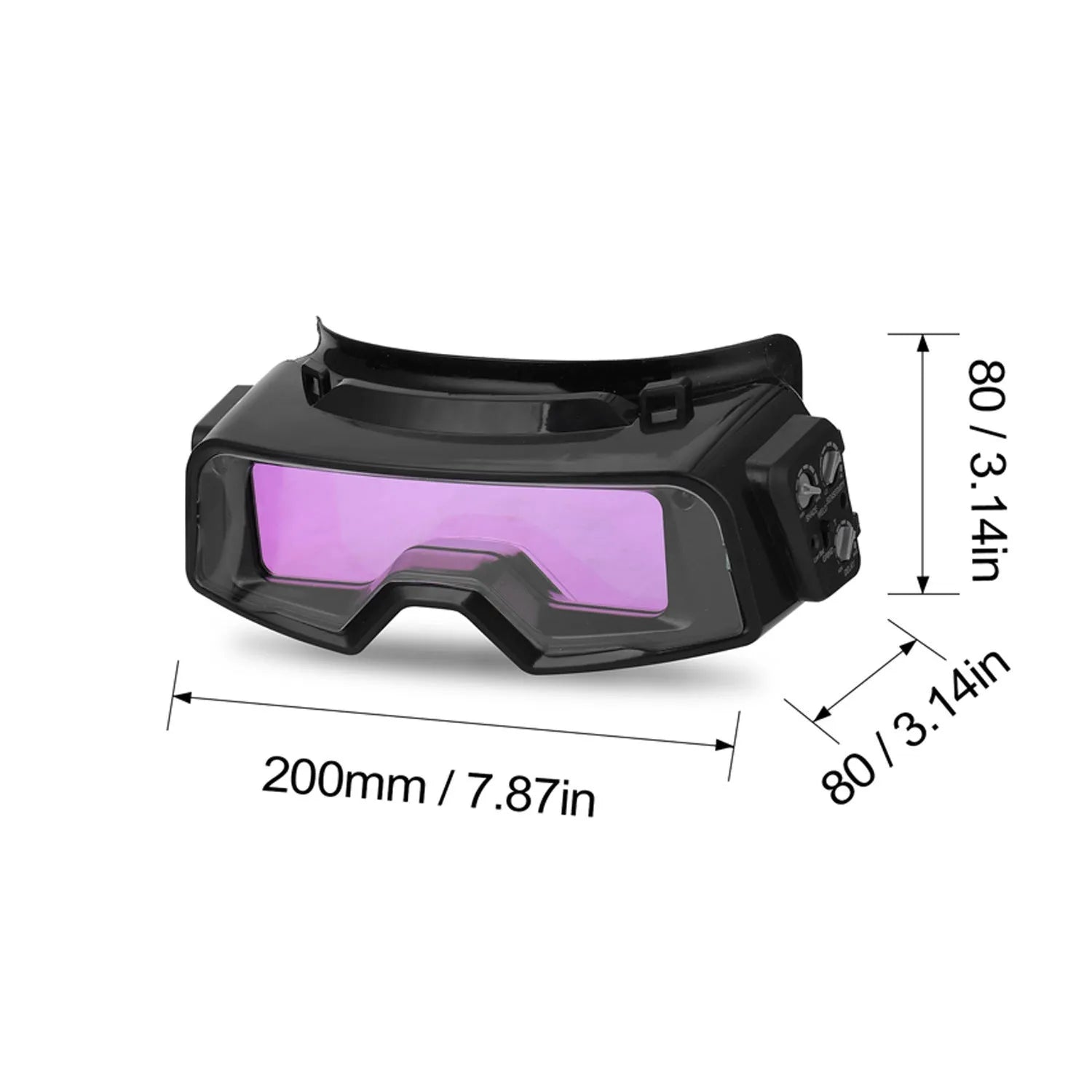 Black automatic darkening welding mask with wide rectangular lens and headband.