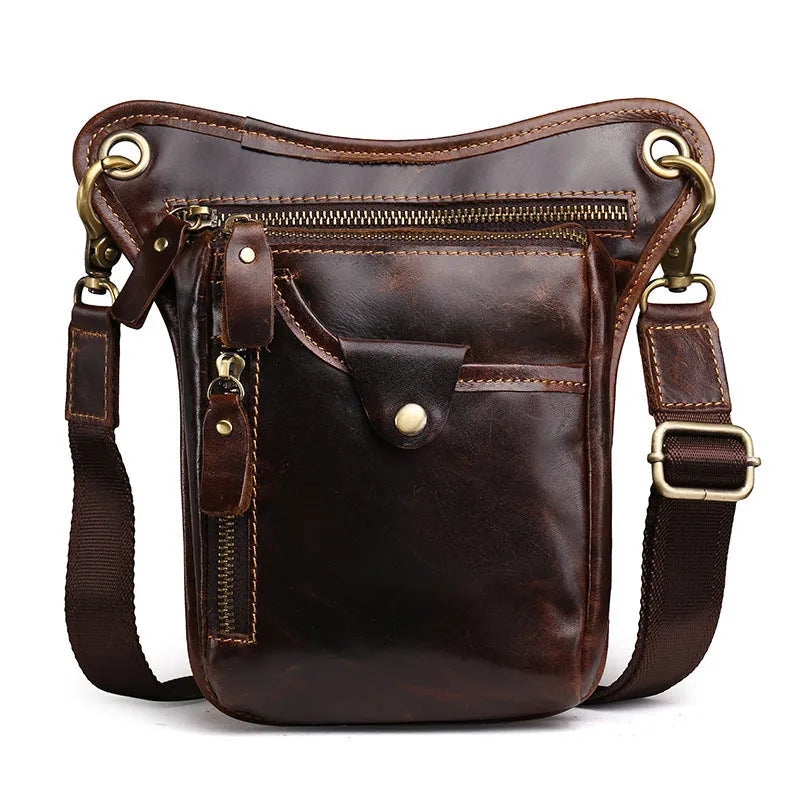 Men's brown crazy horse leather retro satchel bag with antique metal hardware