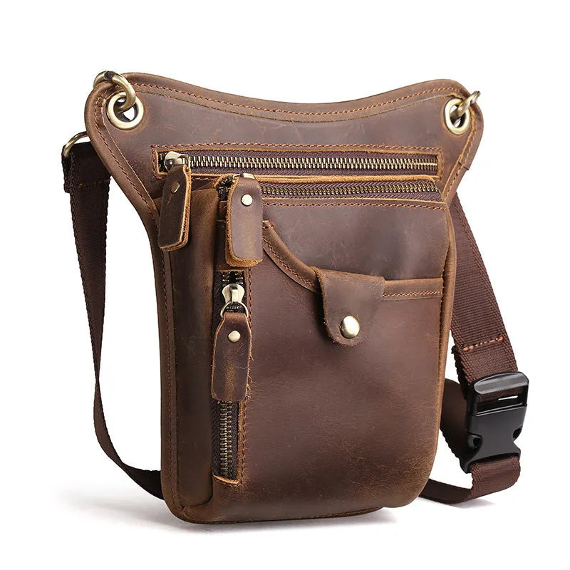 Men's brown crazy horse leather retro satchel bag with antique metal hardware