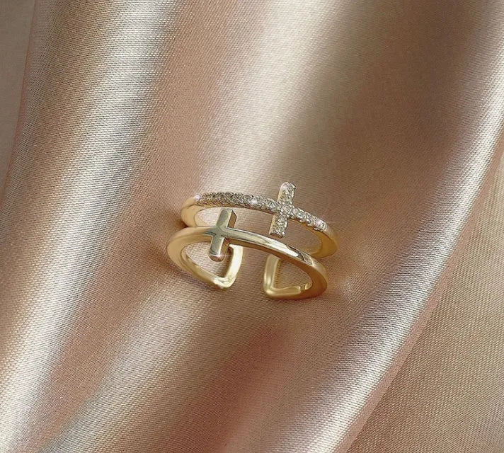 Women's adjustable copper ring with geometric double cross design and zircon detailing