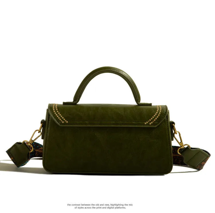 Brown retro women's messenger bag with sandwich pocket design and shoulder strap