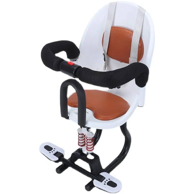Front-mounted child safety seat for electric scooters in black, red or white with high carbon steel frame